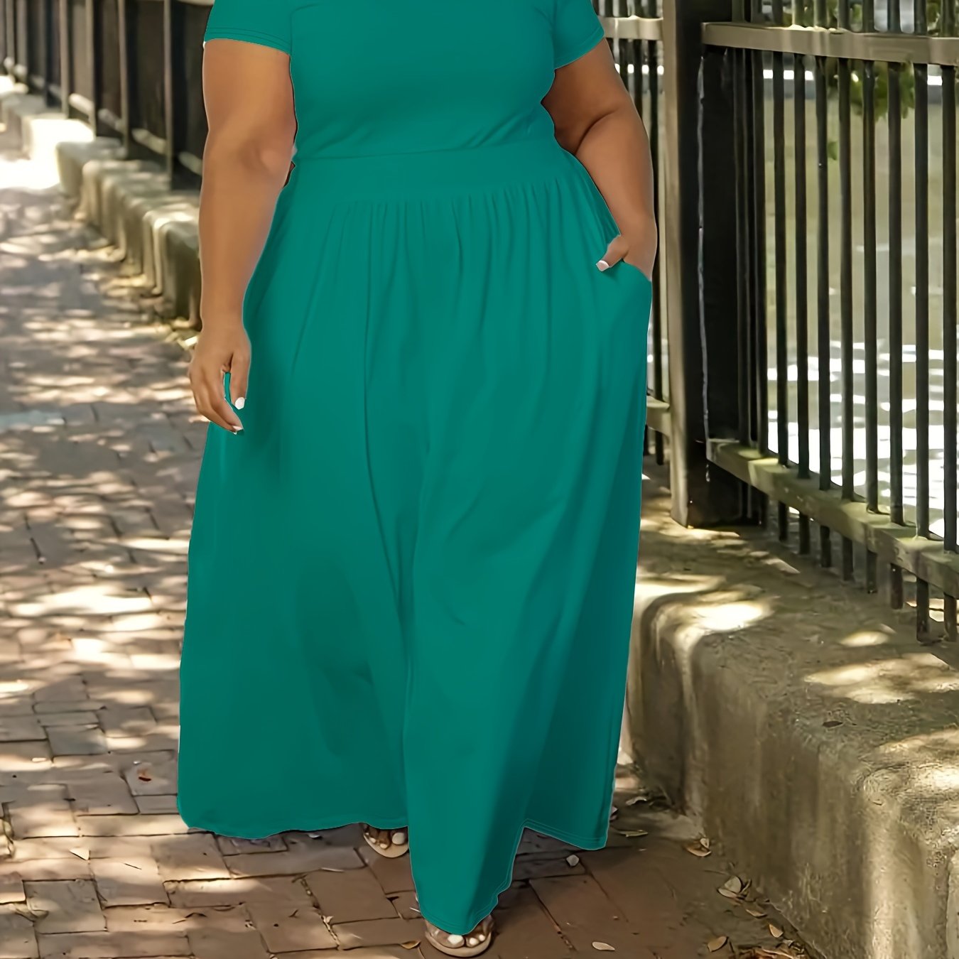 Plus Size Solid Maxi Dress with Short Sleeves, Medium Stretch, Crew Neck
