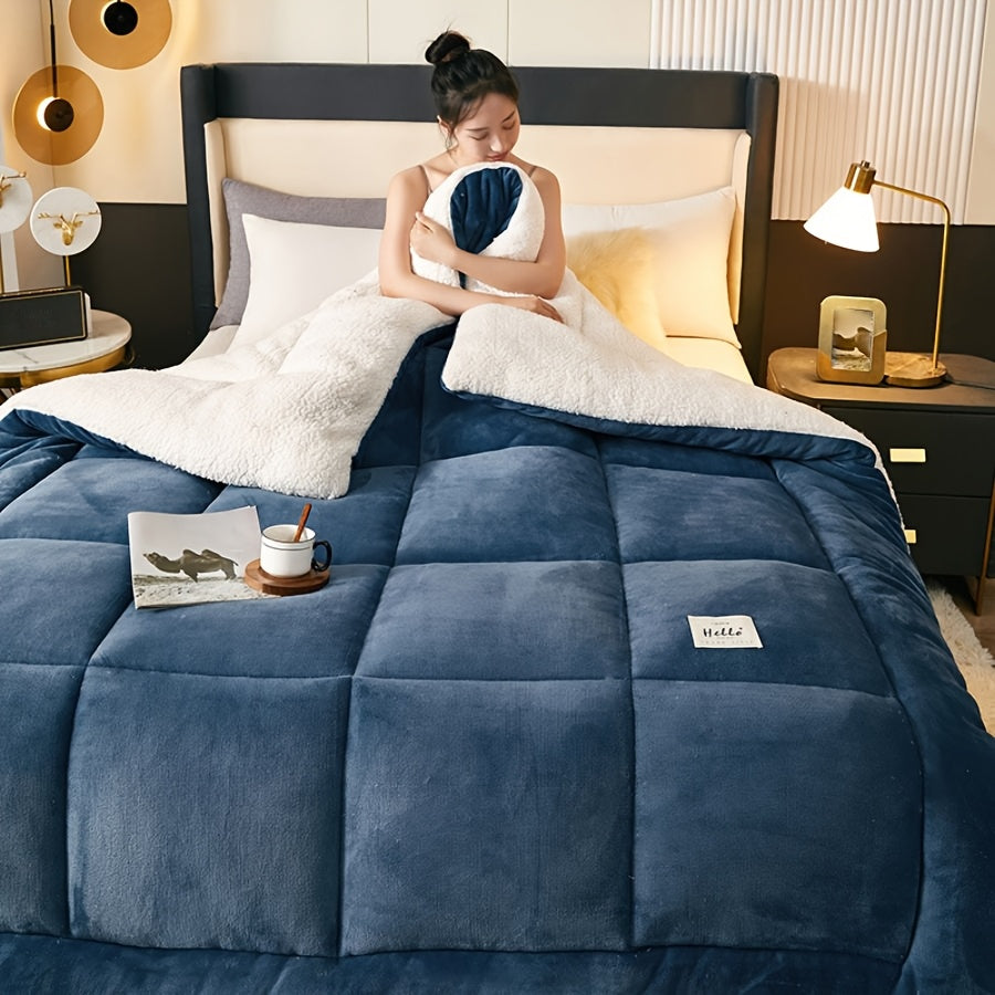 Plaid Quilted Comforter Soft Cozy Milk Velvet Fleece All-Season Bedding