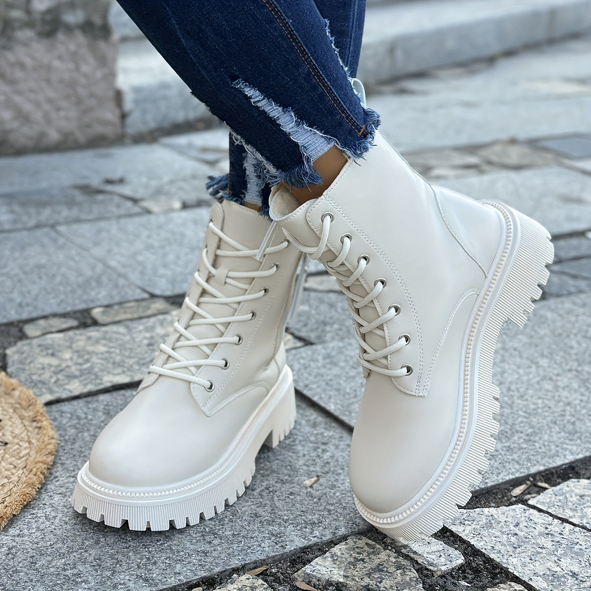 Women's Winter Boots Black White Side Zipper Ankle Slip-On Platform