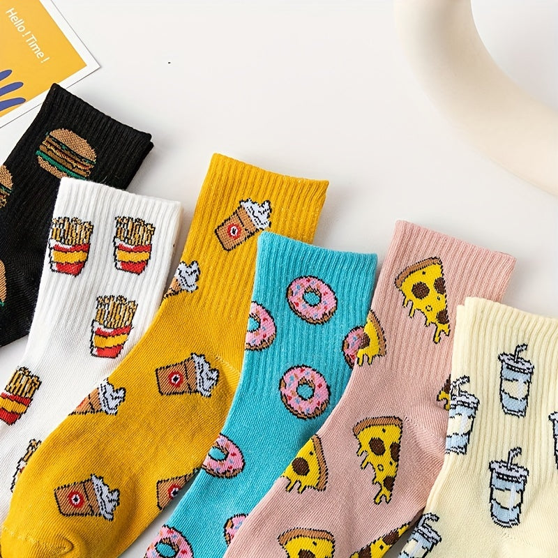Women's Cartoon Food Print Socks 6 Pairs Mid-Tube Knit Polyester Spandex