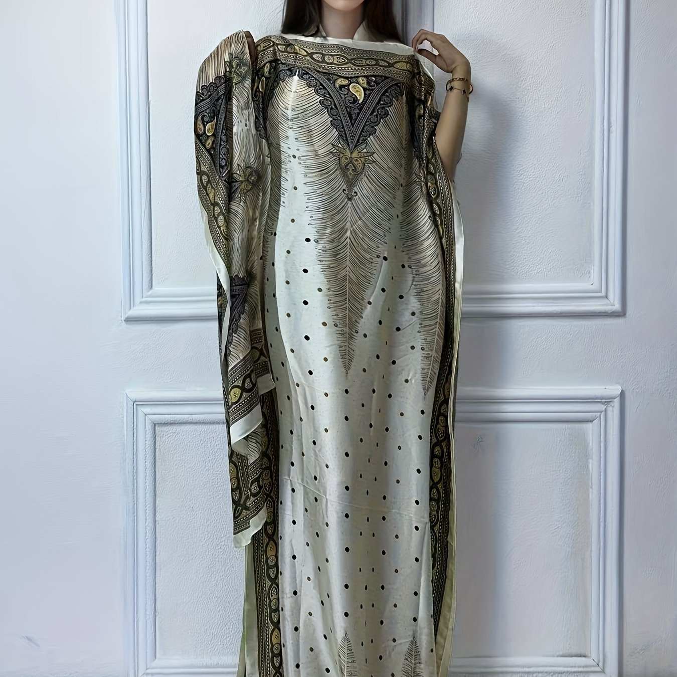 Women's Floral Print Abaya Maxi Dress Boat Neck Batwing Sleeves Red Black Gold