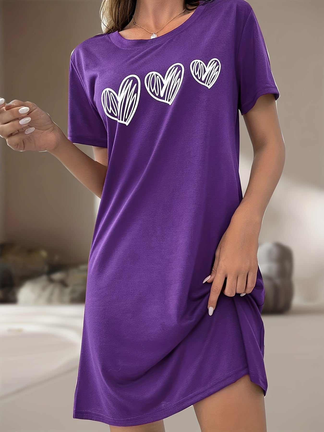 Women's Plus Size Heart Print Sleep Dress Soft Stretchy Nightgown Yellow