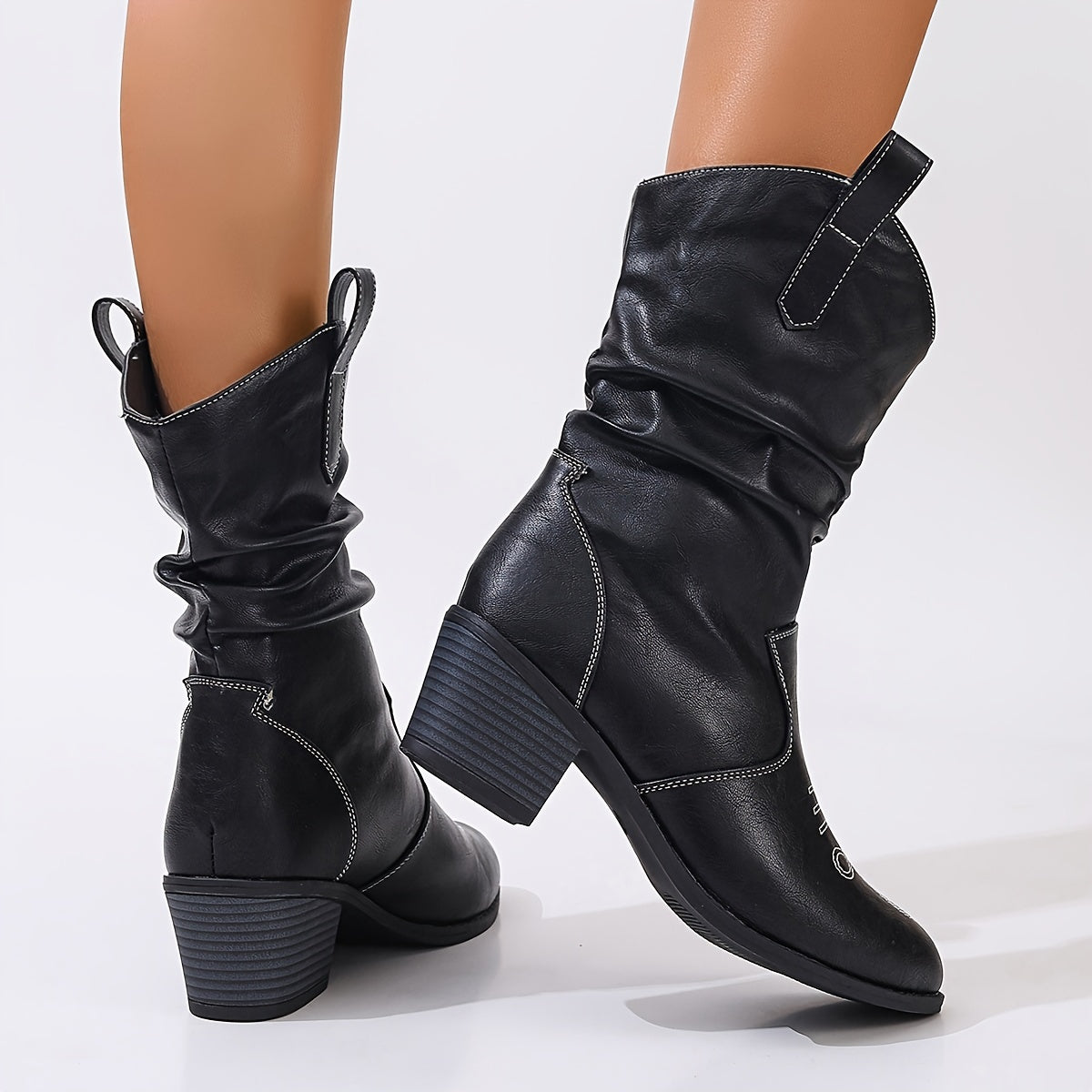 Women's Mid-Calf Leather Western Cowboy Boots With Round Toe and Chunky Heels