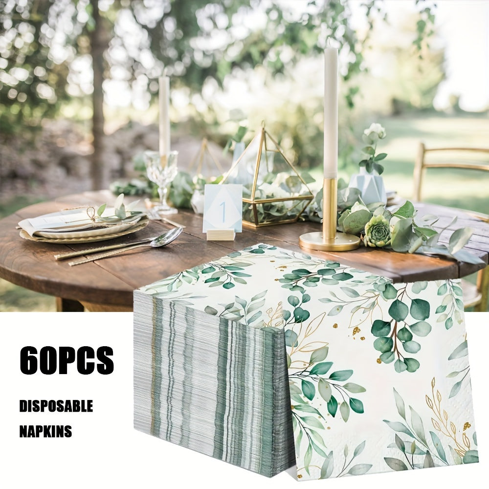 Eucalyptus and Gold Disposable Napkins 33x33cm, 2-Ply, Elegant Green and Gold Design