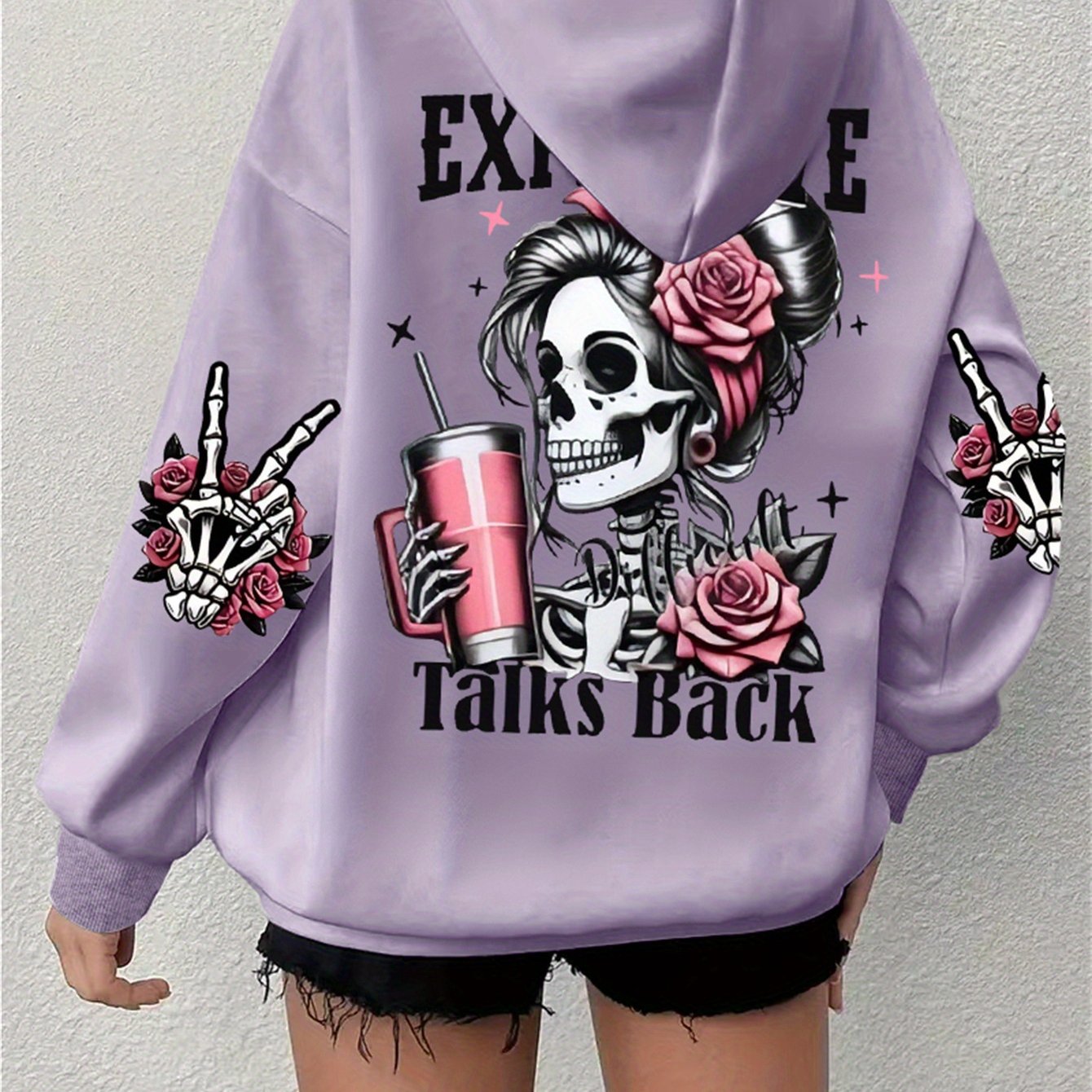 Plus Size Skull Print Drawstring Hoodie Casual Long Sleeve Fall Winter Women's Clothing