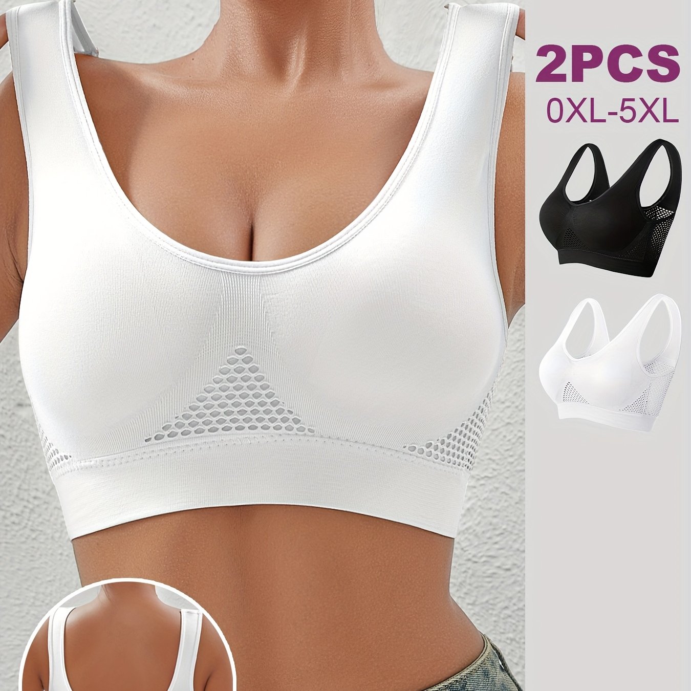 Plus Size Sports Bra Set Padded Breathable Mesh White Black for Yoga Running