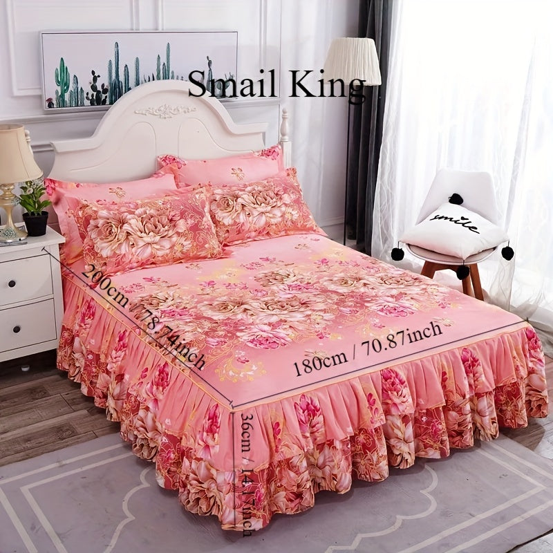 Set of 3 Tropical Floral Bedding Set with Lace Bed Skirt and Pillowcases Ruffled Edges Purple