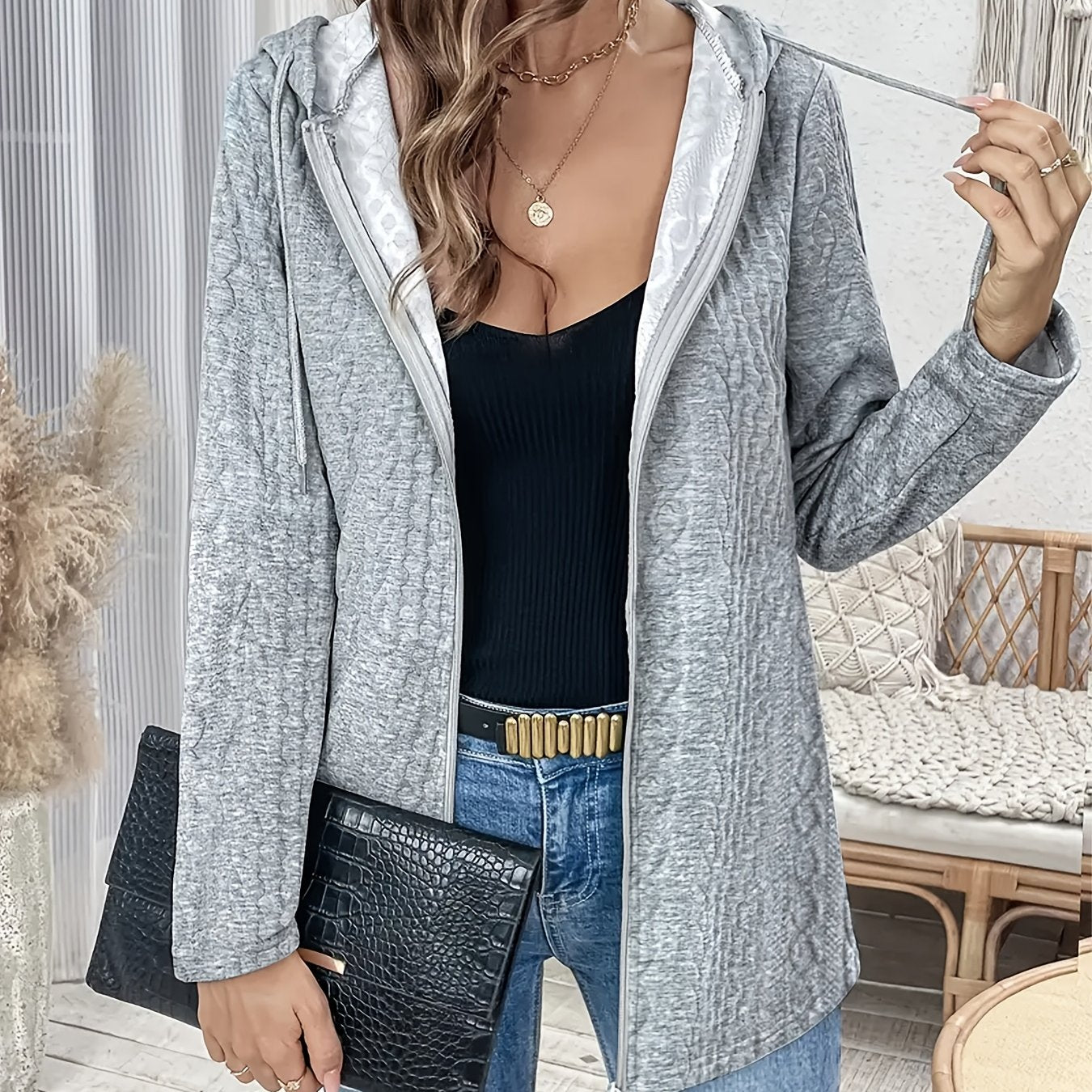 Women's Knit Zip Hoodie Sweater Solid Color Casual Pullover with Zipper