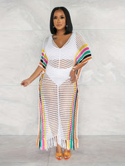 Плюс сайз женский вязаный пляжный свитер с бахромой и контрастными цветами