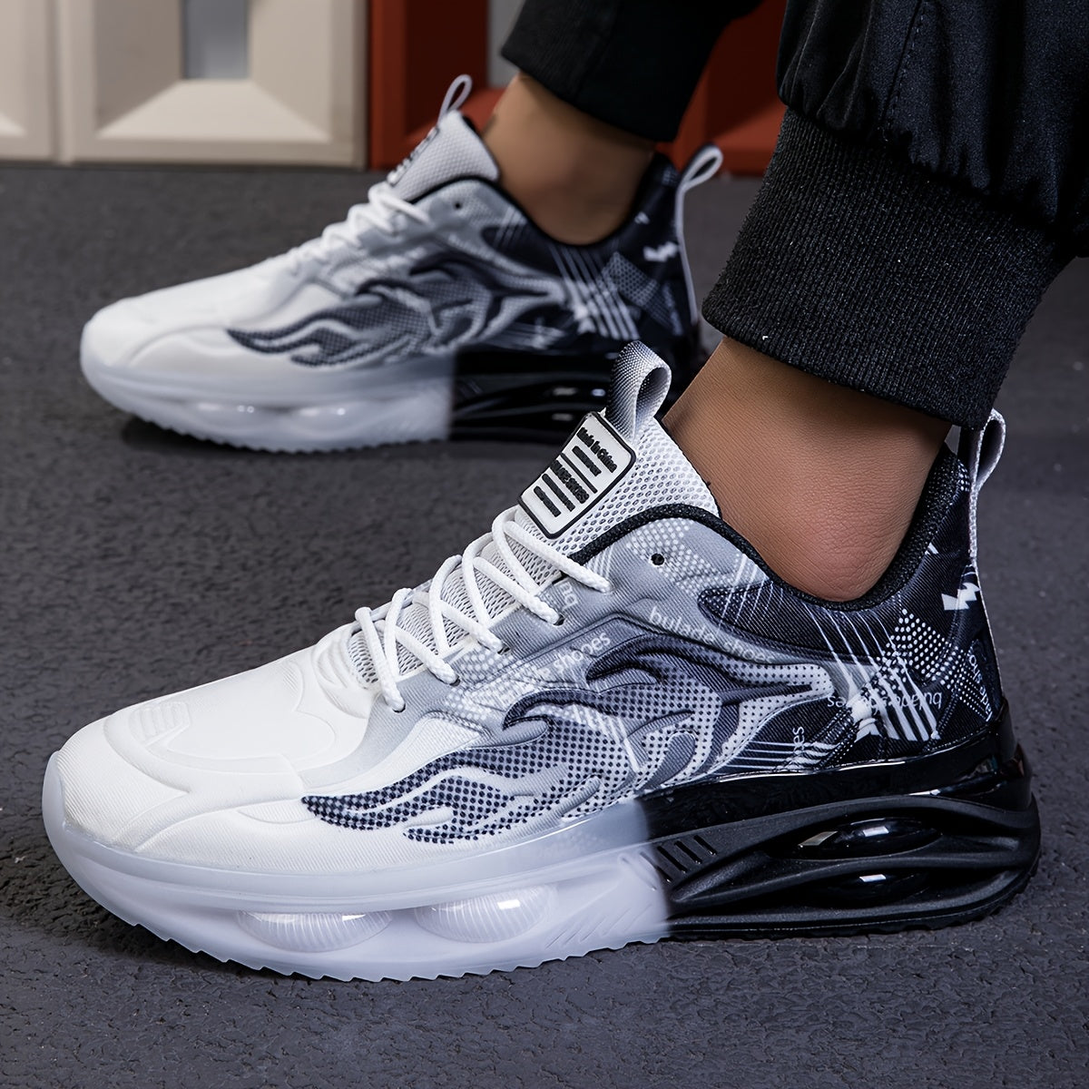 Men's Athletic Sneakers with PVC Sole Breathable Fabric Upper Flame Motif Casual Outdoor