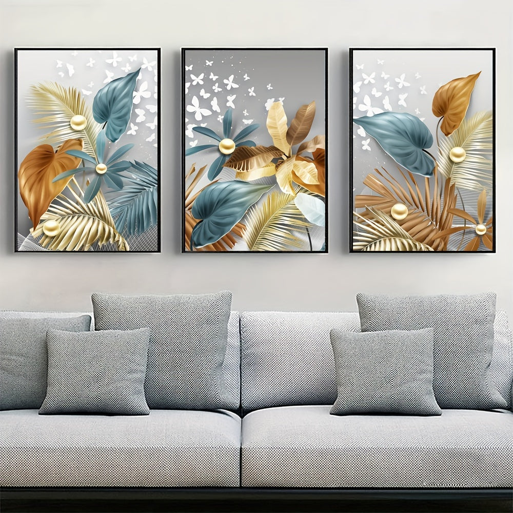Set of 3 Flower Leaf Canvas Wall Art Posters Frameless for Living Room Bedroom Kitchen Office