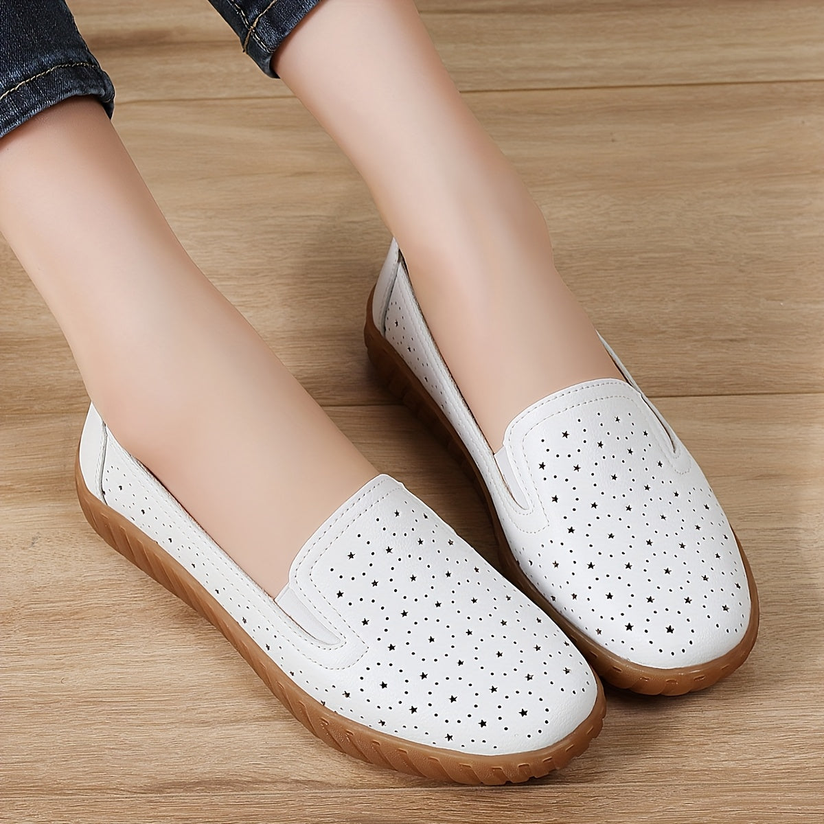 Women's Slip-On Loafers White Synthetic with Black Dot Pattern All-Season Casual Formal