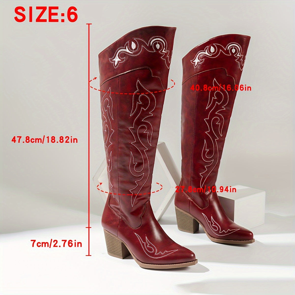 Women's Over-The-Knee Western Cowboy Boots Embroidered Geometric