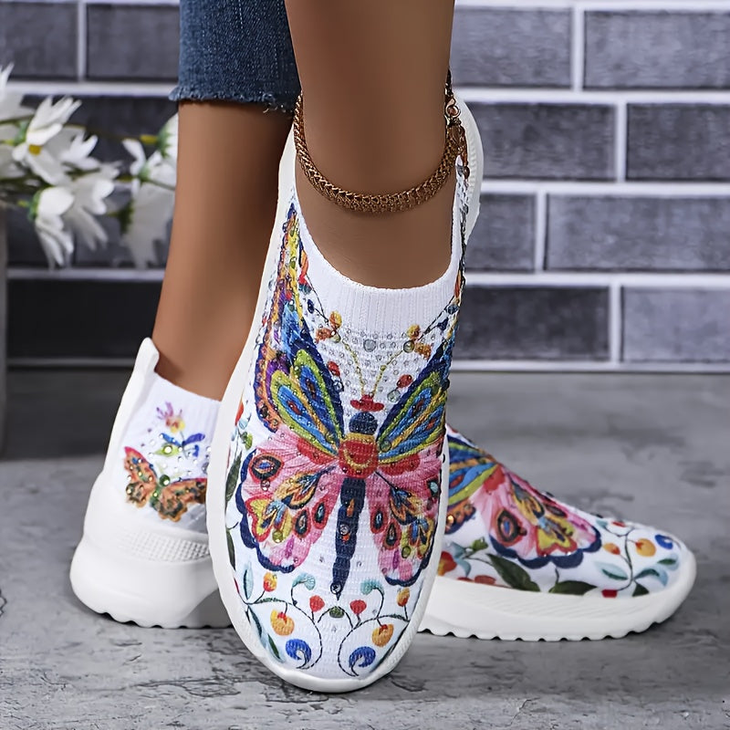 Plus-Size Women's Butterfly Slip-On Sneakers Lightweight Breathable Rhinestone