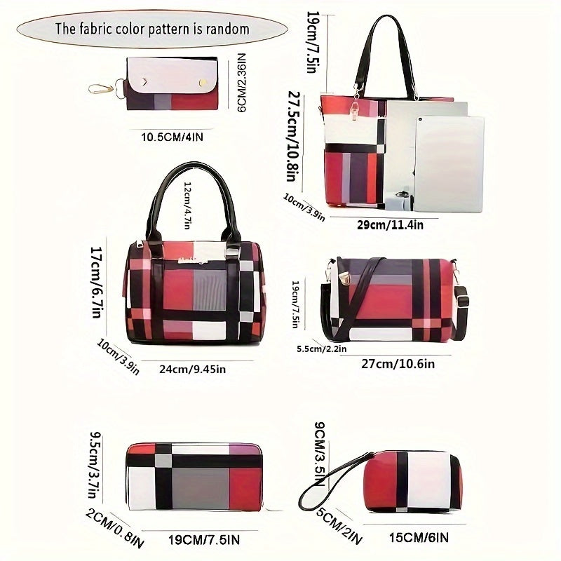 6-Piece Checkered Pattern Shoulder Bag Set with Handbag Crossbody Clutch Wallets Faux Leather
