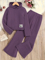 Conjunto de sudadera y pantalones de punto para niñas, de manga larga, de color sólido, poliéster, casual, para mayores de 3 años