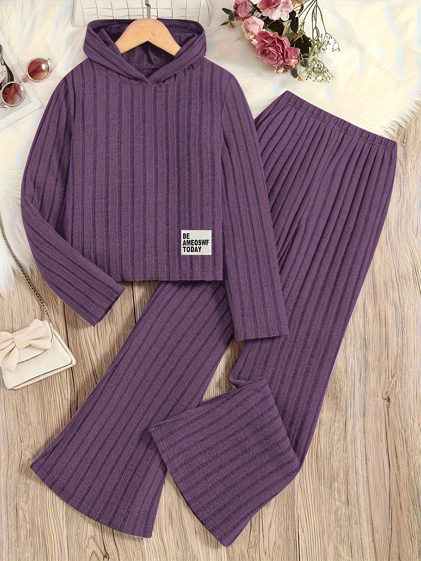 Conjunto de sudadera y pantalones de punto para niñas, de manga larga, de color sólido, poliéster, casual, para mayores de 3 años