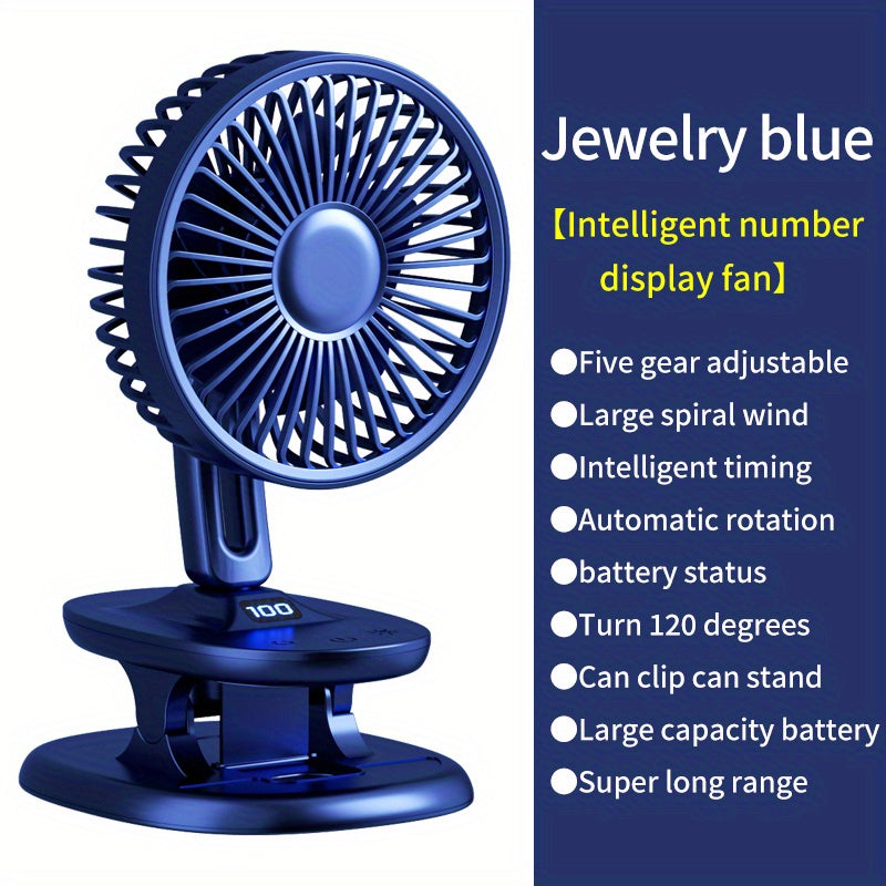Portable USB Fan with Clamp and Stand, Handheld Shaking Head, Rechargeable Battery