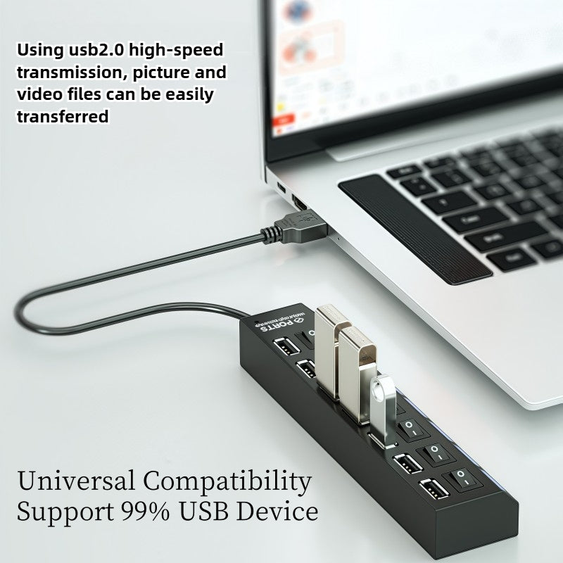 Concentrador USB 2.0 de 4 puertos con interruptores de encendido/apagado para conectividad con múltiples dispositivos