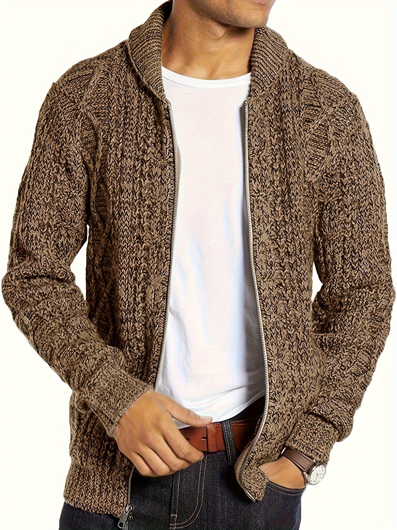 Men's Plus Size Zip-Up Cardigan with Thick Knit Stand Collar Fall Winter Acrylic