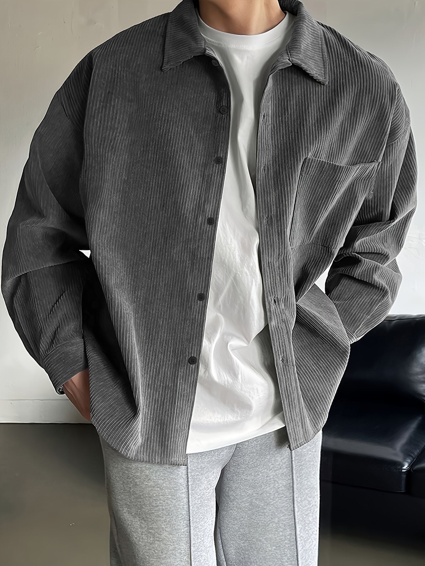 Men's Casual Corduroy Shirt Loose Fit Lapel Collar Chest Pocket 100% Polyester