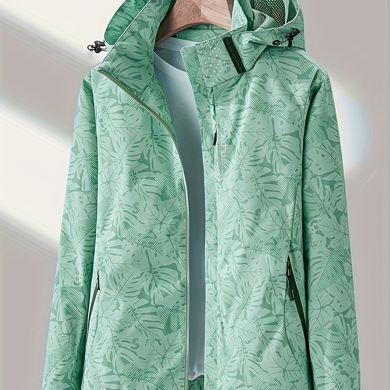 Women's Waterproof Windbreaker Jacket with Zipper Stand Collar and Random Print