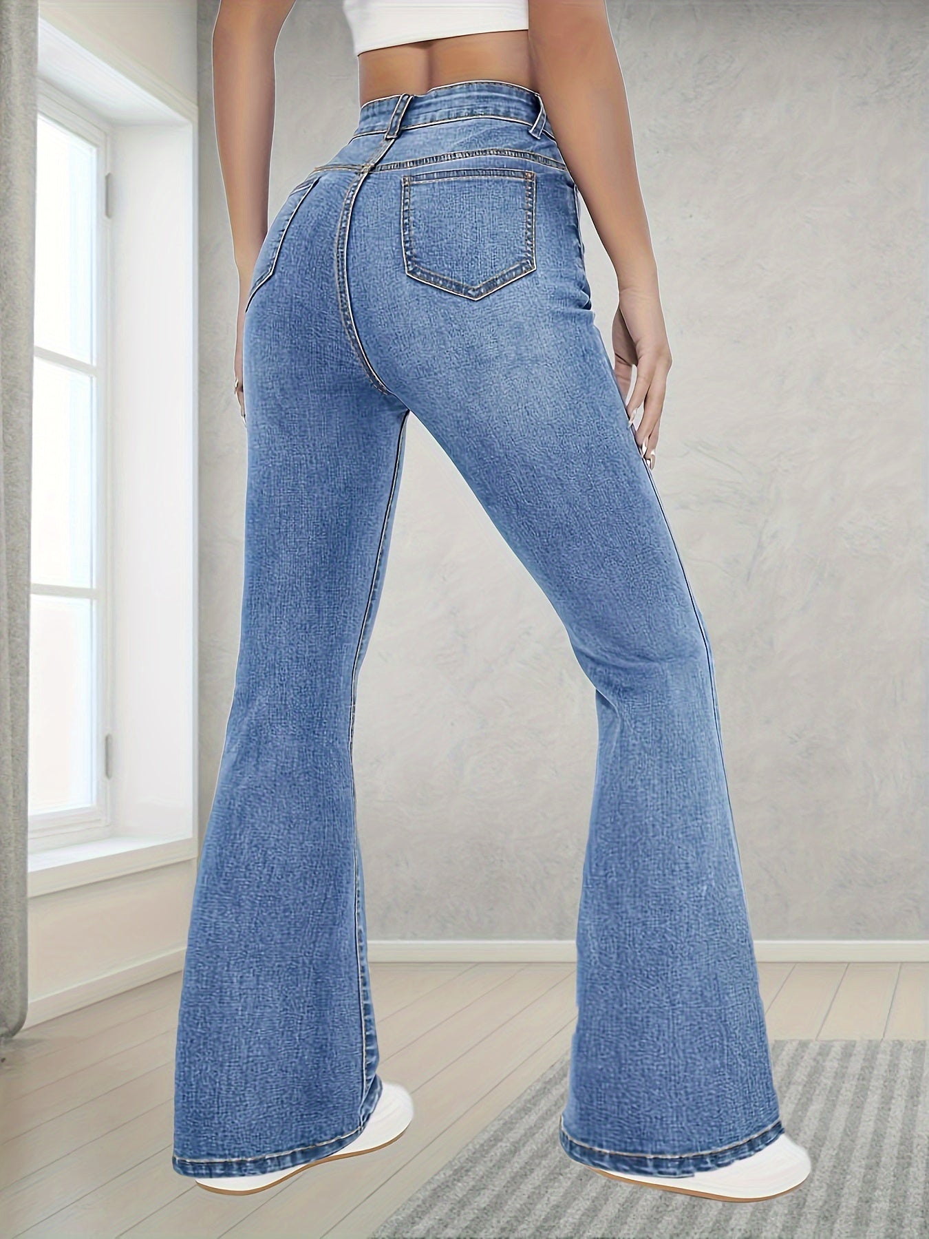Women's High-Waisted Stretch Flared Jeans Blue Long Length Casual