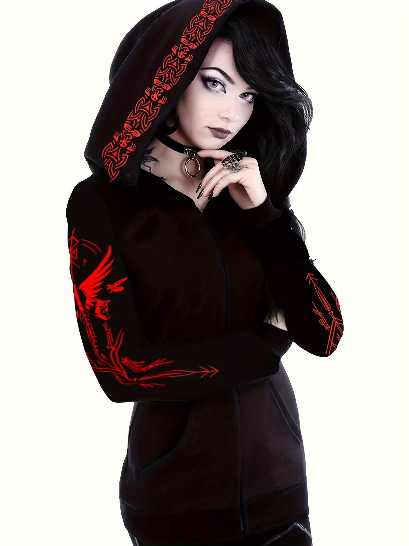Women's Black Gothic Print Zip-Up Hoodie Long Sleeve All-Season Sweater