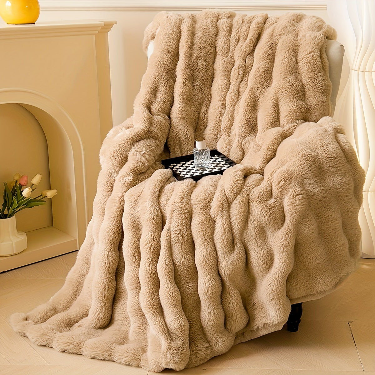 Polyester Faux Rabbit Short Plush Bed Blanket Solid Color Multi-Purpose All Seasons