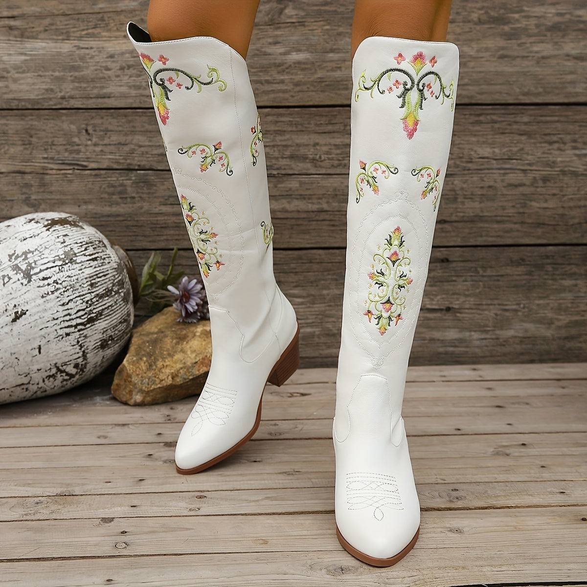 Women's White Retro Western Style Music Festival Boots
