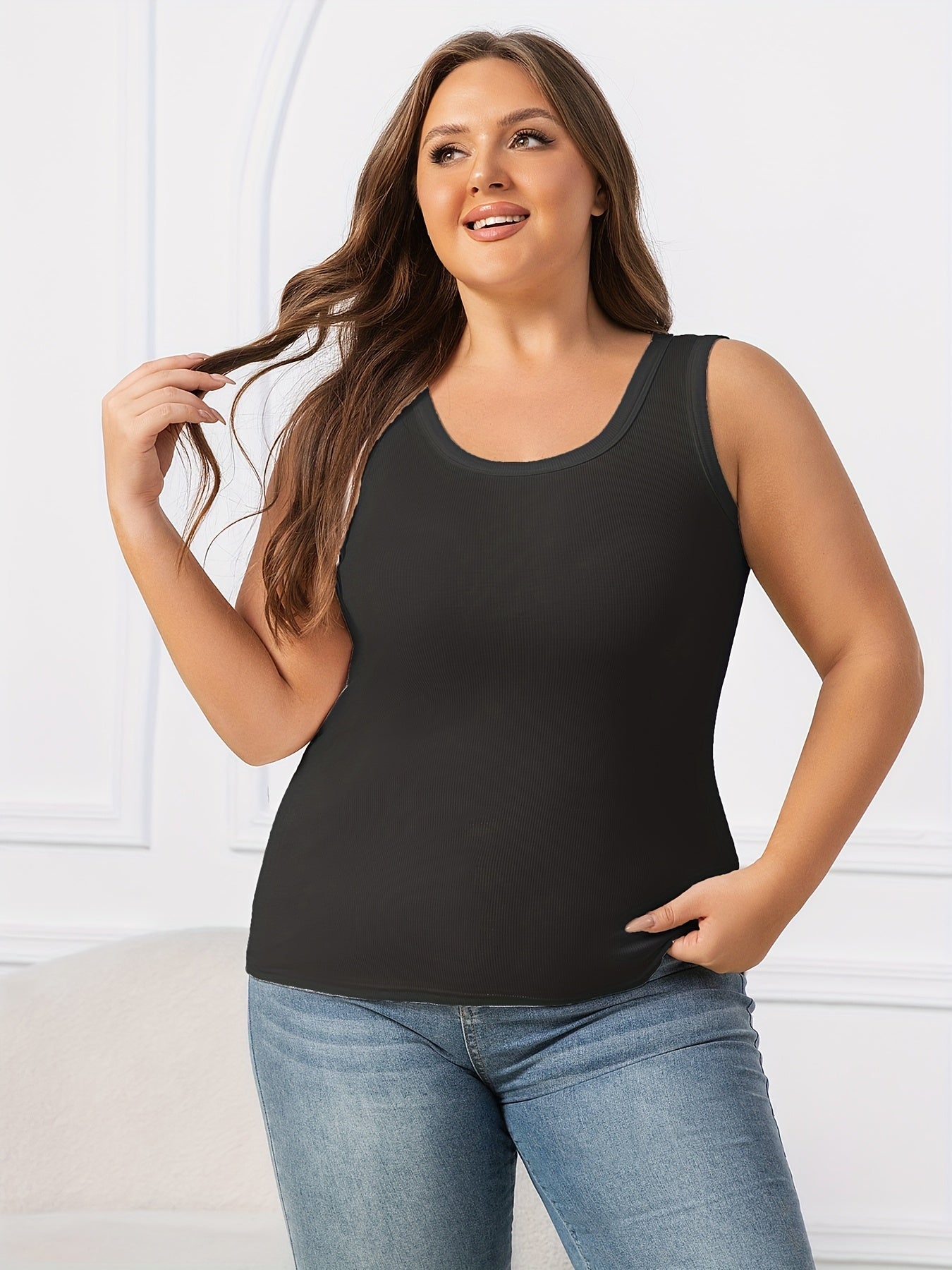 Women's Plus Size Sleeveless Tank Tops, Stretchy Loose Fit Casual Layering, Solid Colors