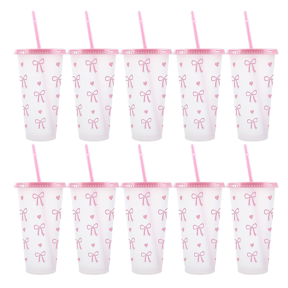 Reusable Plastic Water Cups with Lids and Straws Heart and Bow Print Leak-Proof and Reusable