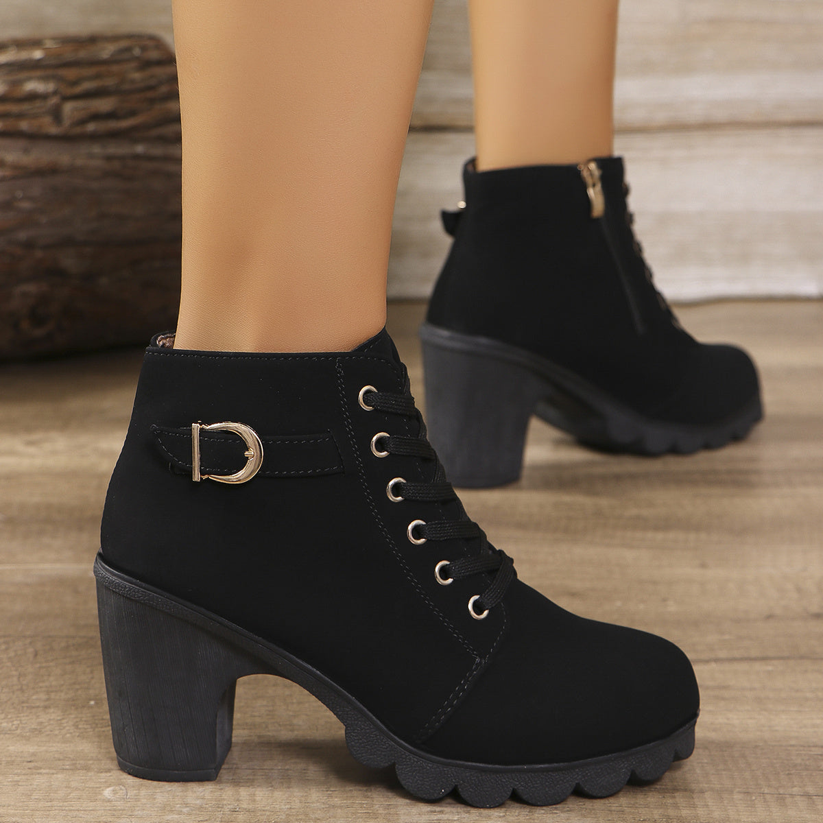 Women's Faux Leather Chunky Platform Ankle Boots with Side Zipper Black