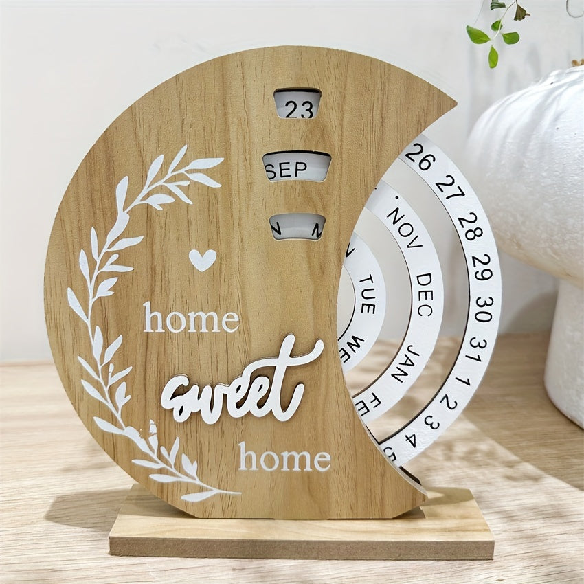 Handcrafted Wooden Perpetual Desk Calendar with Moon Ferris Wheel Design Weekly Monthly View