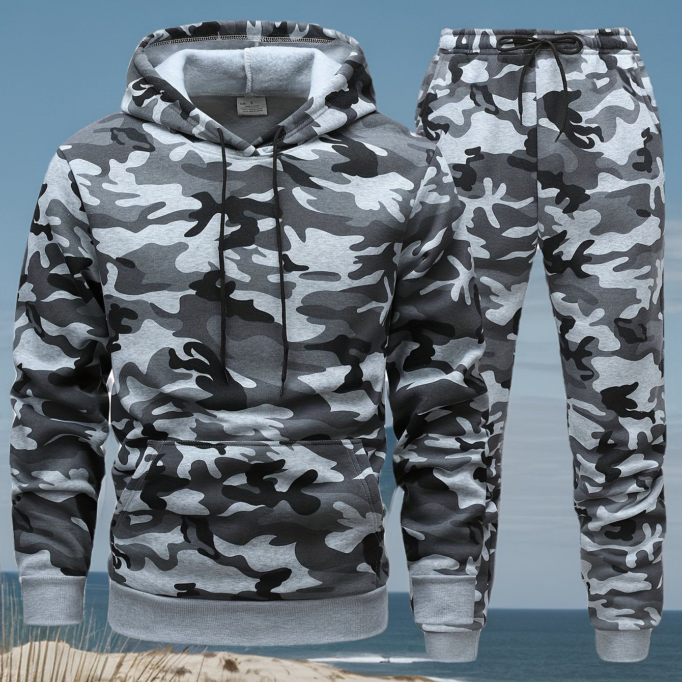 Men's Camo Hooded Sweatshirt and Pants Set for Outdoor Activities in Fall Winter 100% Polyester Drawstring 3D Printing