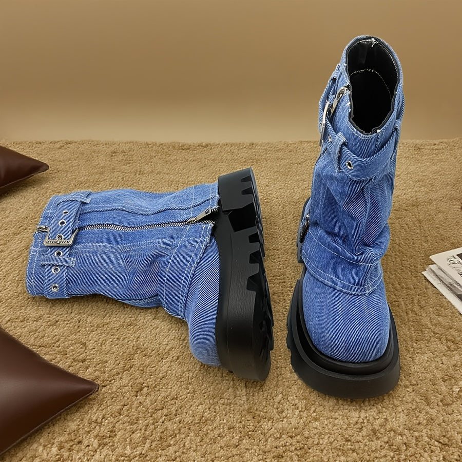 Women's Denim Mid-Calf Boots with Chunky Heel Rubber Sole Winter Comfort