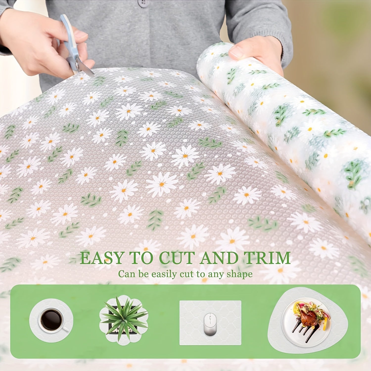 Daisy Pattern EVA Shelf Liner Waterproof Non-Slip Transparent for Kitchen Cabinets Drawers