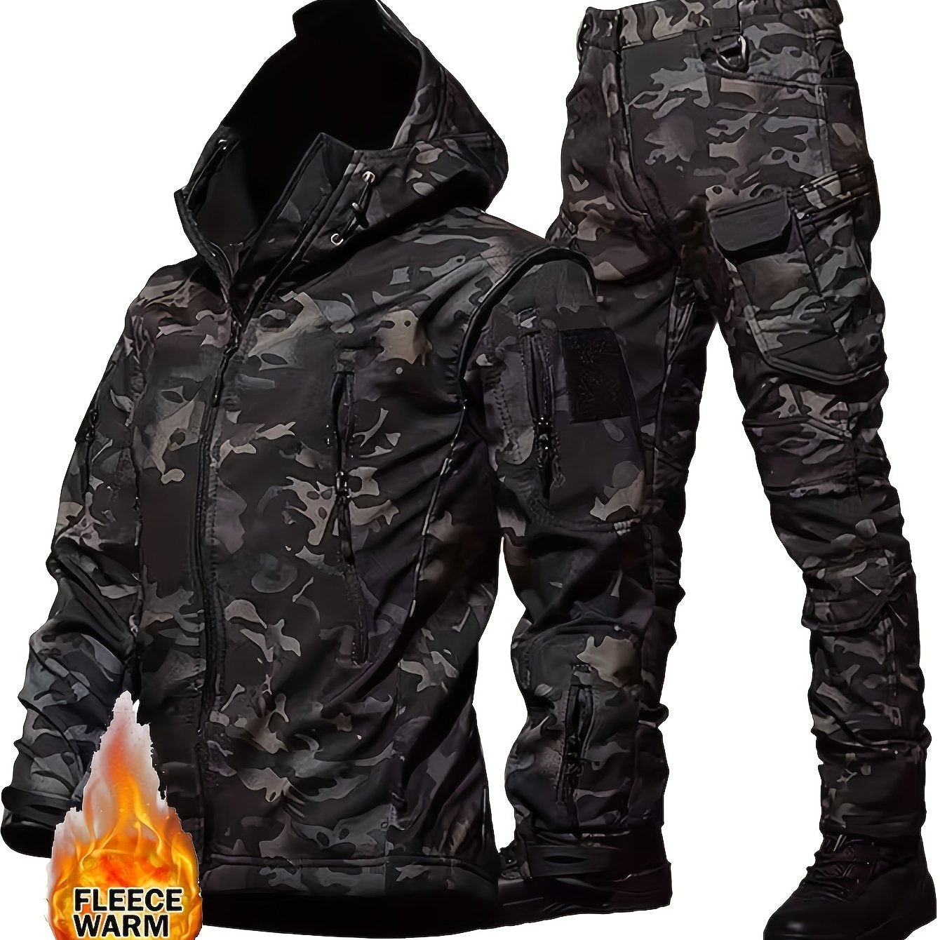 Men's Camouflage Fleece Jacket and Work Pants Set for Outdoor Hiking and Casual Wear