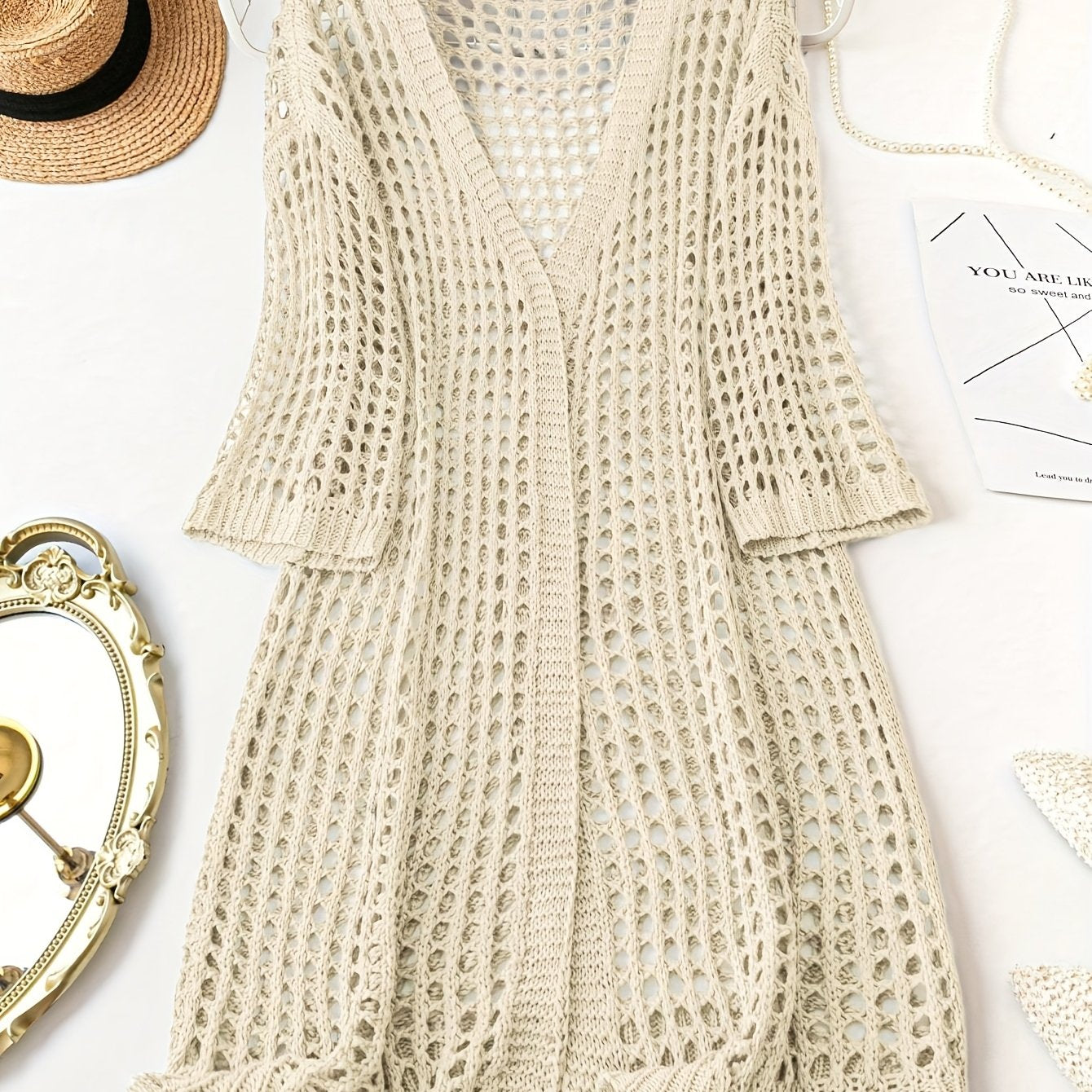 Women Plus Size V-Neck Cardigan Acrylic Hollow Knit Solid Spring Summer