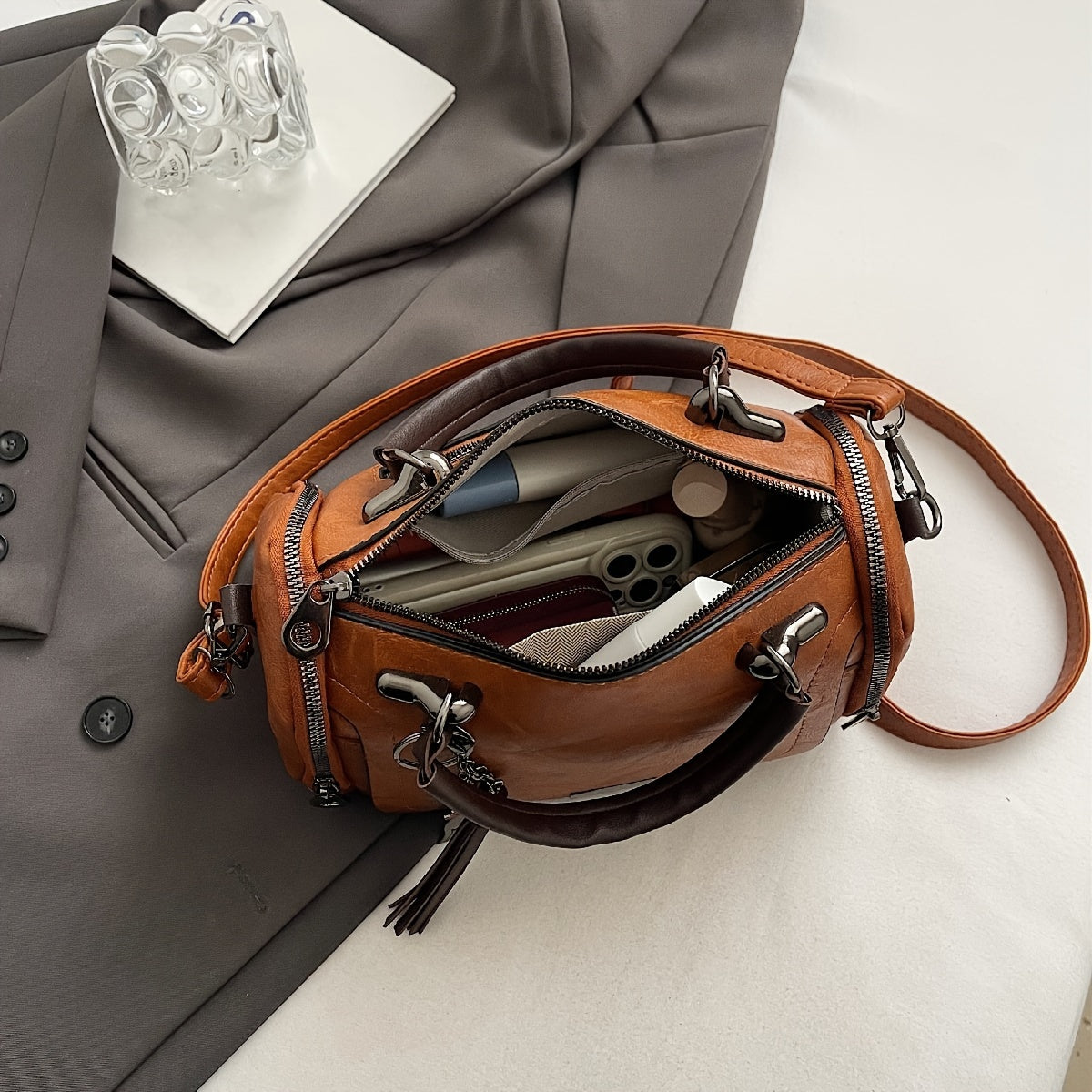 Vintage Crossbody Bag for Women PU Solid Color Casual Shoulder Handbag with Wallet