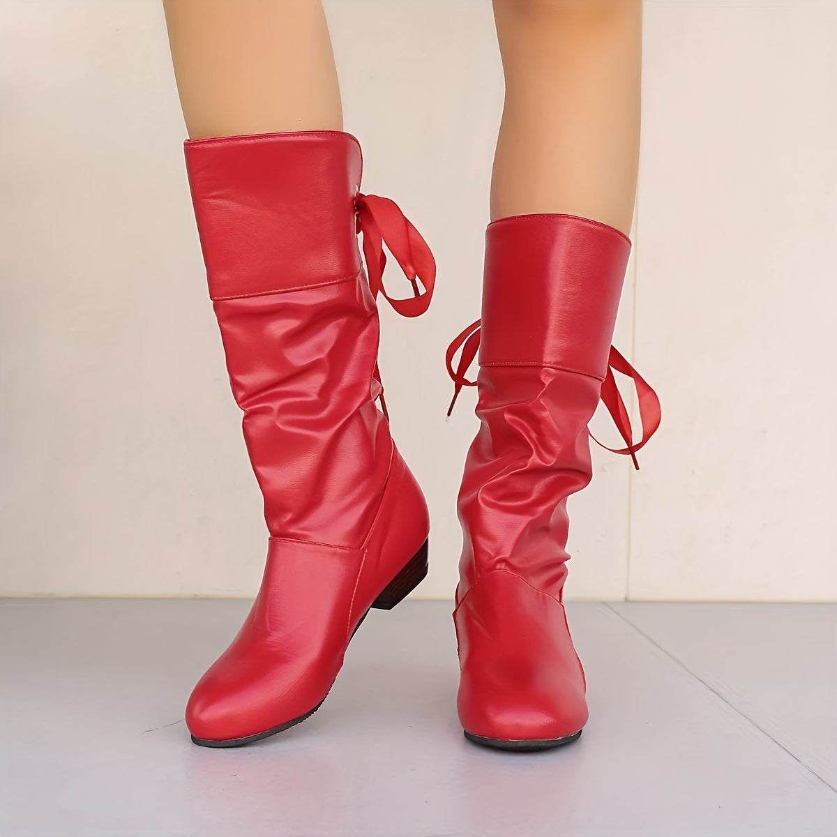 Women's Ribbon Tie Mid-Calf Wedge Boots Casual Slouchy Solid Color