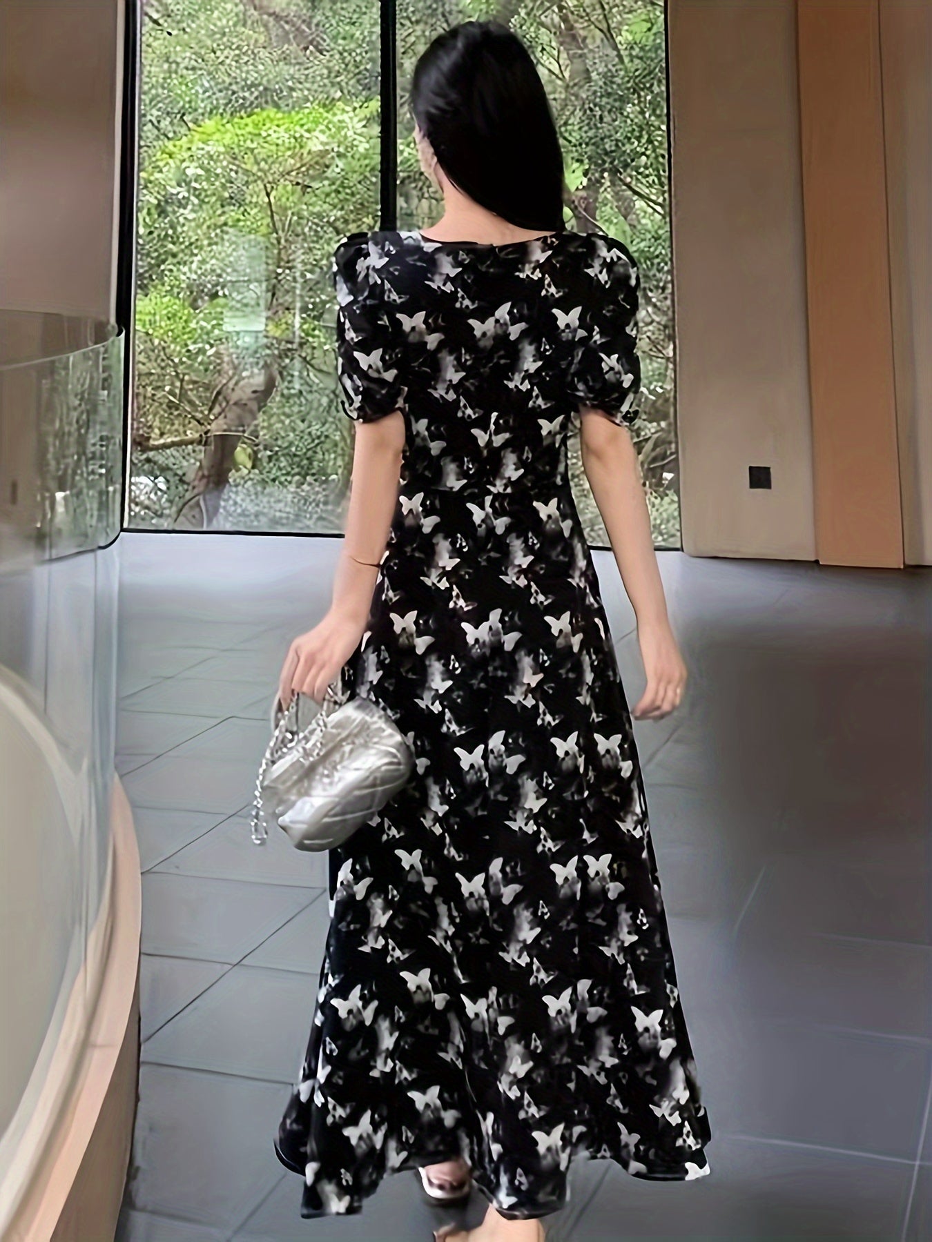 Women's Square Neck A-Line Dress with Butterfly Print Short Sleeves Ankle Length Spring Summer