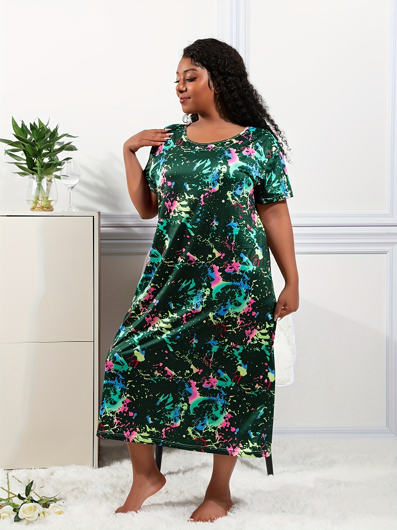 Vestido de dormir casual para mujer talla plus con teñido tie-dye y manga corta