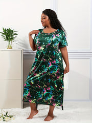 Women's Casual Sleep Dress Plus Size Tie Dye Short Sleeve Nightgown