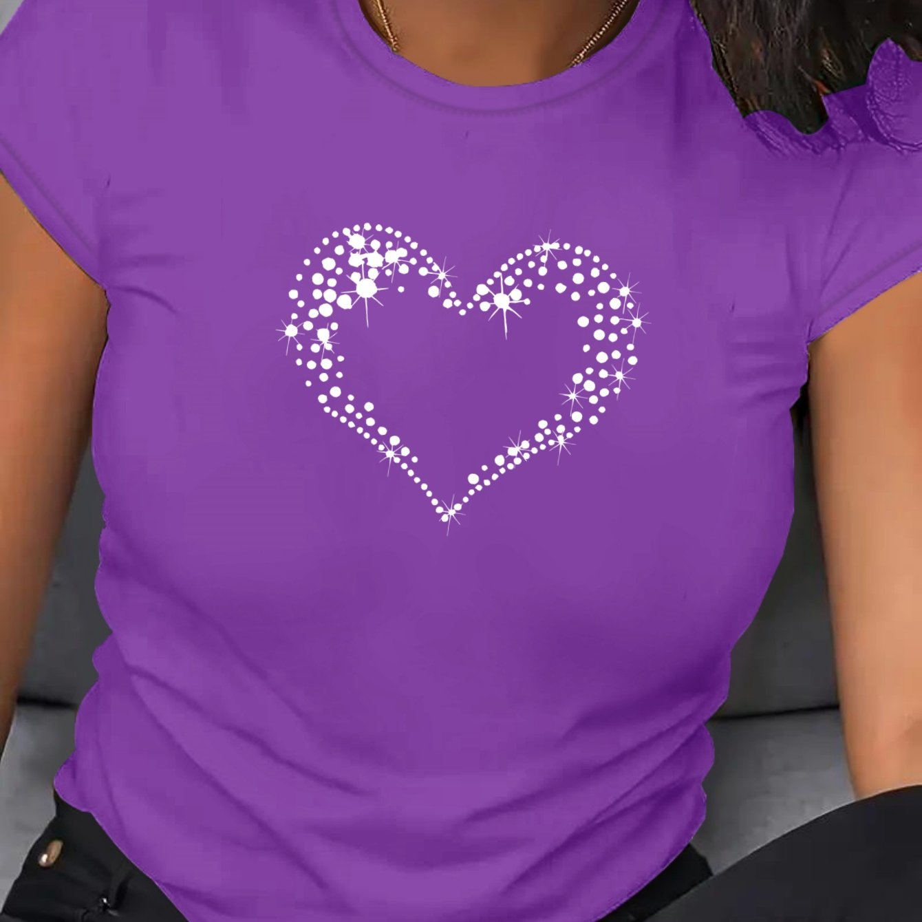 Women's Large Fit Heart Print T-Shirt - Soft Breathable Polyester Casual Short Sleeve