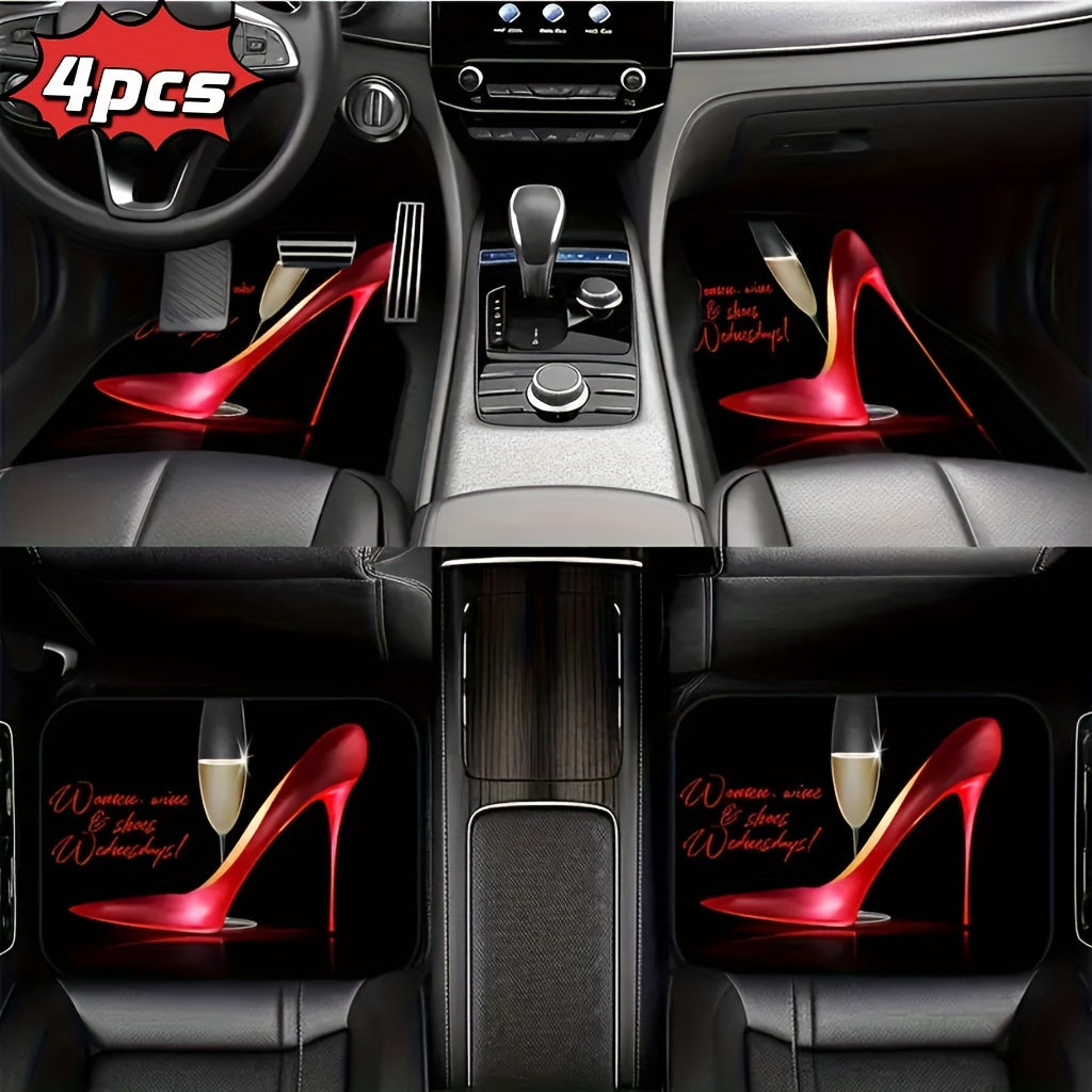 Red High-Heel Patterned Car Floor Mats Waterproof Non-Slip Durable 4 Pcs
