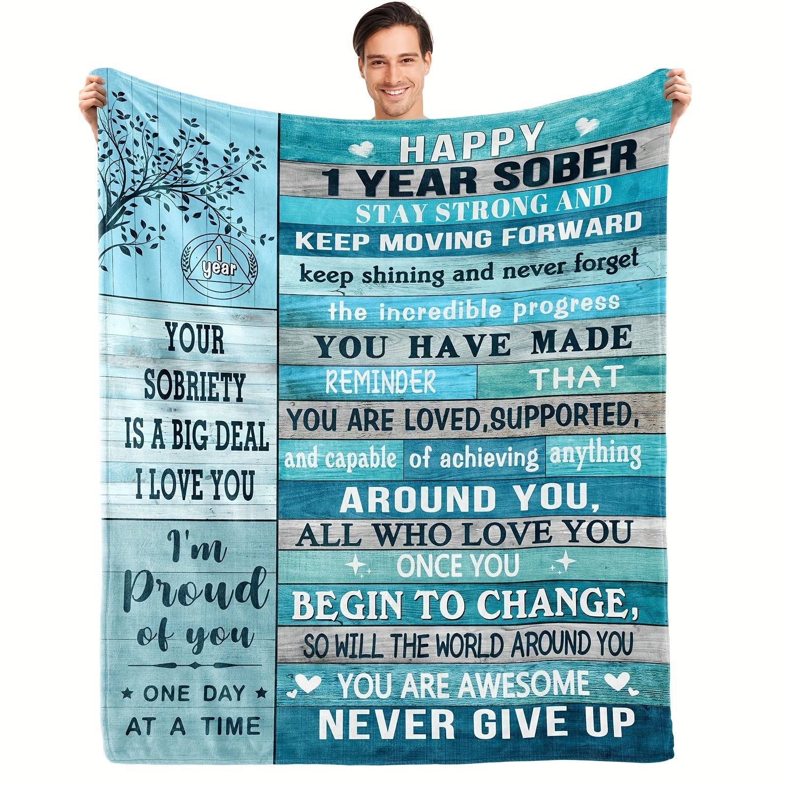 Inspirational Throw Blanket for Men Women 1 Year Sobriety Recovery Digital Print All-Season Flannel