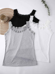 Set of 3 Women's Lace Trim Tank Tops Soft Nylon Blend Solid Colors Casual Wear