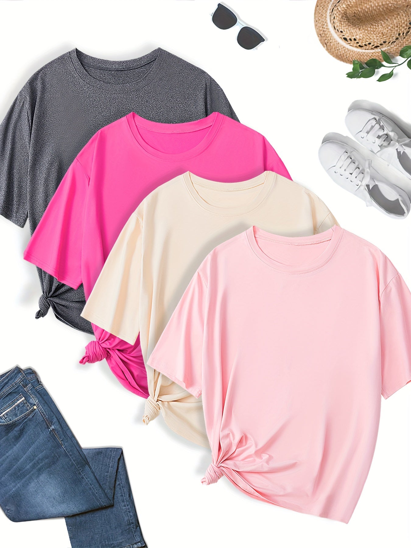 Plus Size Cotton T-Shirts 4 Pack Short Sleeve Crew Neck Casual Women