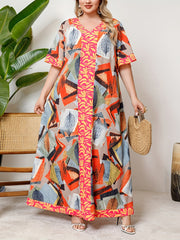 Plus Size Women's V-Neck Dress with Contrast Stitching and Middle East Style